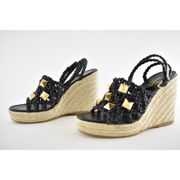 Valentino Rockstud Roman Stud Black Leather Espadrille Wedge Lace Up Sandal 40 - Picture 8 of 10